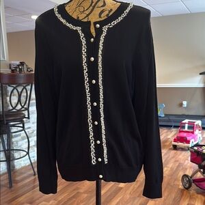 Charter club size large black faux pearl button up cardigan with rhinestone trim
